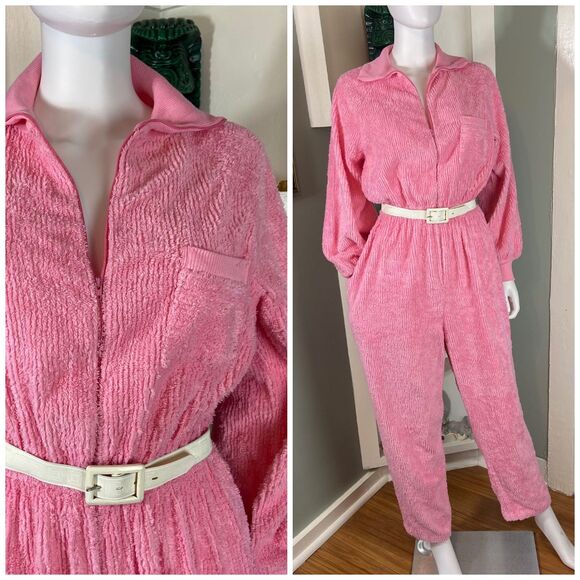 Vintage 80s 90s Bubblegum Pink Chenille Jumpsuit S/M/L Leisure Life terrycloth - Picture 1 of 15